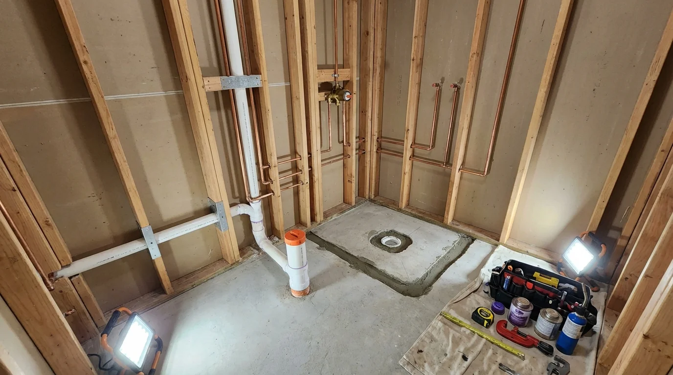 Bathroom rough-in plumbing during remodel by Johns Plumbing LLC in Spanaway
