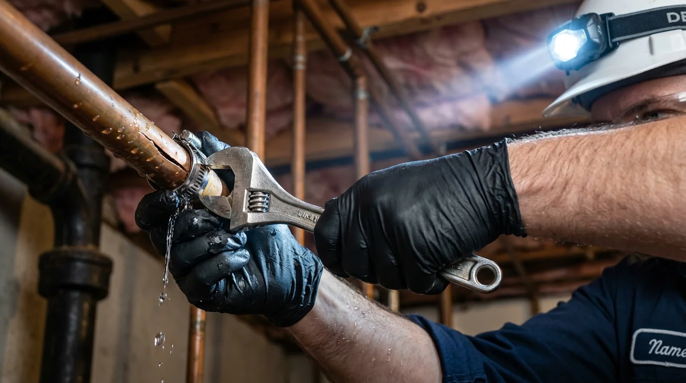 Emergency pipe clamp repair being performed by a Johns Plumbing LLC plumber in Spanaway