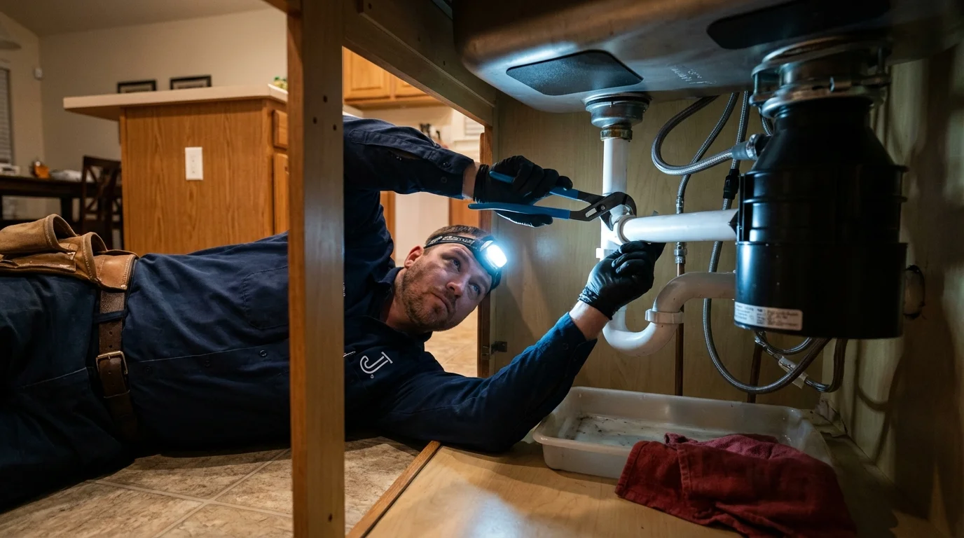P-trap and supply line connections under a kitchen sink showing a common leak point in Spanaway, WA